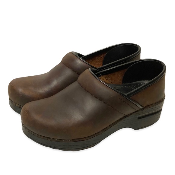 brown leather nursing clogs